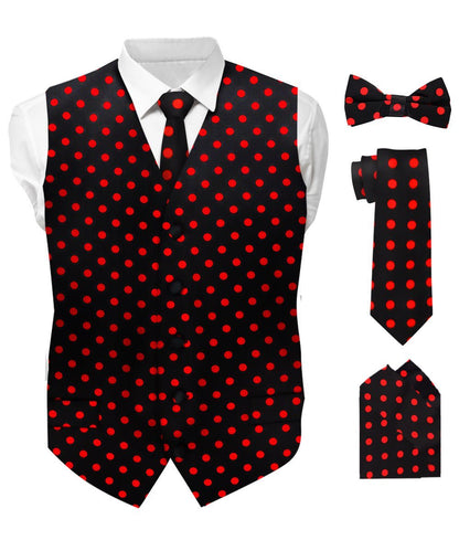 Vittorio Farina Men's White and Black Dot Polka Dot Vest, Necktie, Bow Tie and Pocket Square Set - Black and Red - Vest Set - Vittorio Farina