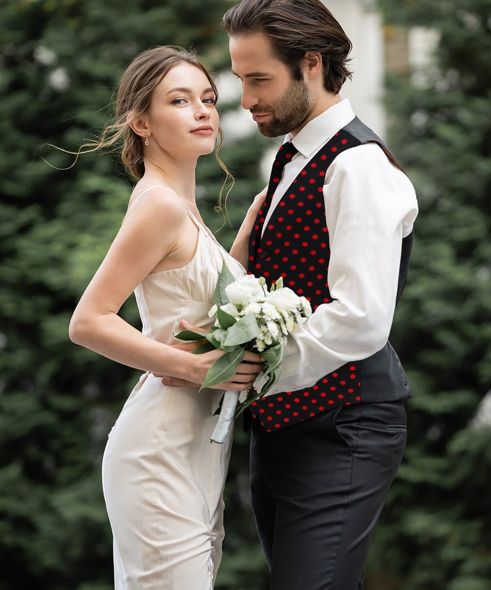 Vittorio Farina Men's White and Black Dot Polka Dot Vest, Necktie, Bow Tie and Pocket Square Set - Black and Red - Vest Set - Vittorio Farina