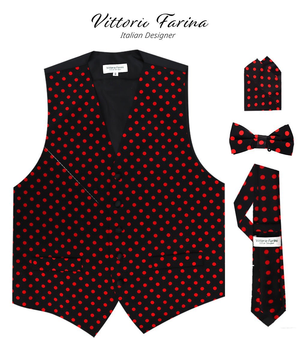 Vittorio Farina Men's White and Black Dot Polka Dot Vest, Necktie, Bow Tie and Pocket Square Set - Black and Red - Vest Set - Vittorio Farina