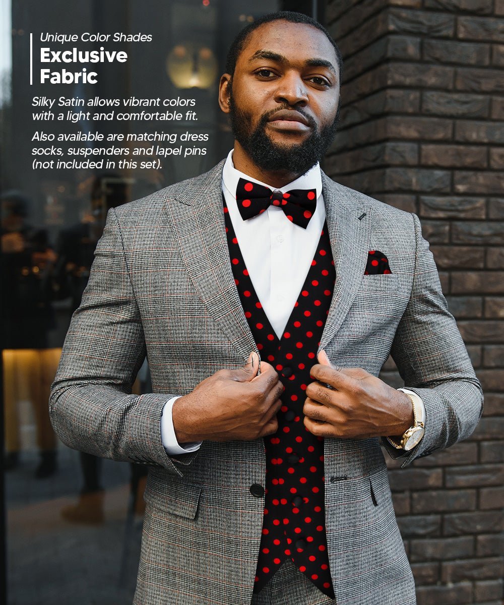 Vittorio Farina Men's White and Black Dot Polka Dot Vest, Necktie, Bow Tie and Pocket Square Set - Black and Red - Vest Set - Vittorio Farina