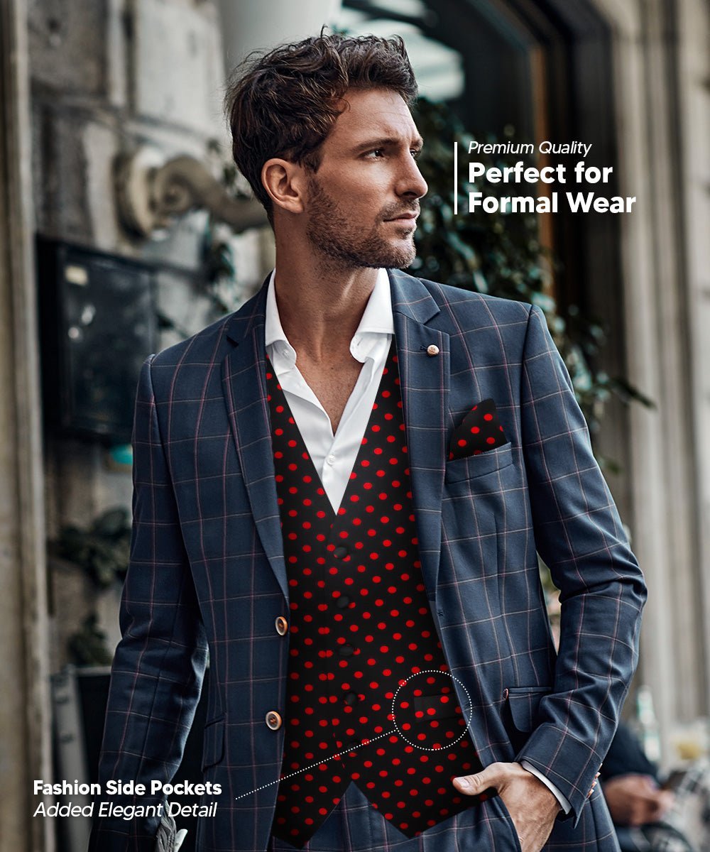 Vittorio Farina Men's White and Black Dot Polka Dot Vest, Necktie, Bow Tie and Pocket Square Set - Black and Red - Vest Set - Vittorio Farina