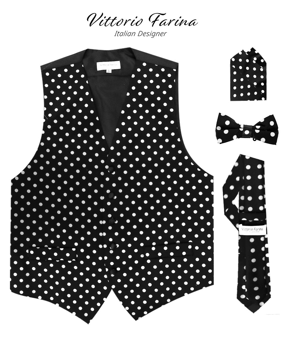 Vittorio Farina Men's White and Black Dot Polka Dot Vest, Necktie, Bow Tie and Pocket Square Set - Black and White - Vest Set - Vittorio Farina