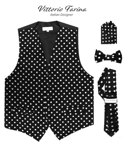 Vittorio Farina Men's White and Black Dot Polka Dot Vest, Necktie, Bow Tie and Pocket Square Set - Black and White - Vest Set - Vittorio Farina