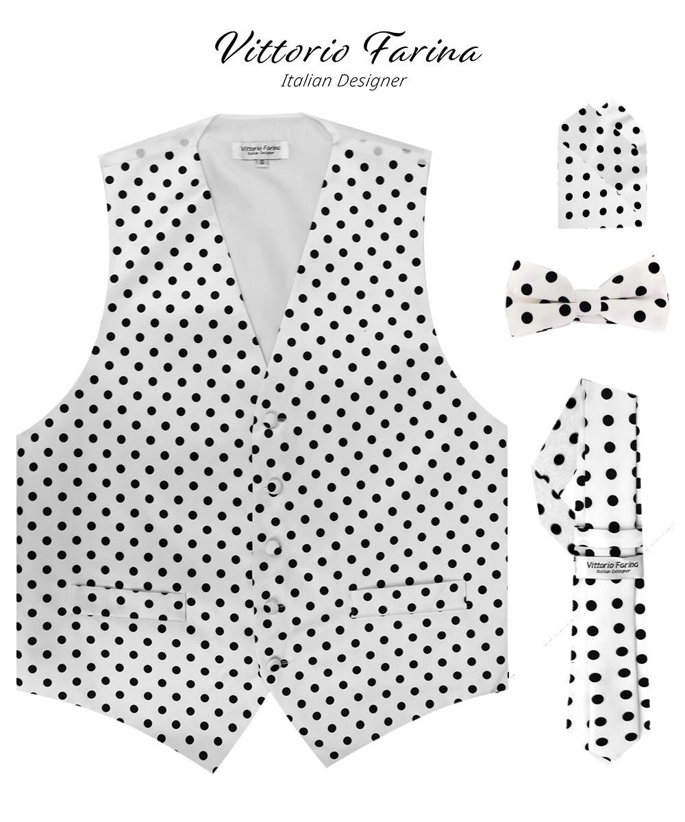 Vittorio Farina Men's White and Black Dot Polka Dot Vest, Necktie, Bow Tie and Pocket Square Set - White and Black - Vest Set - Vittorio Farina