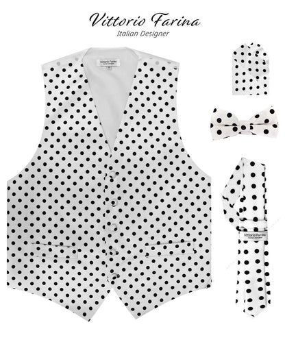 Vittorio Farina Men's White and Black Dot Polka Dot Vest, Necktie, Bow Tie and Pocket Square Set - White and Black - Vest Set - Vittorio Farina