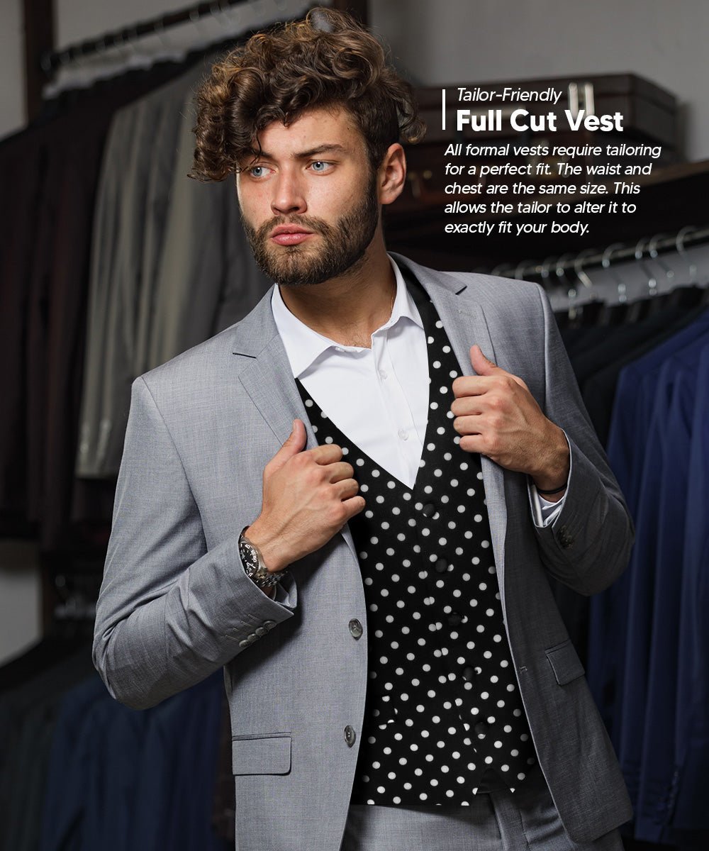 Vittorio Farina Men's White and Black Dot Polka Dot Vest, Necktie, Bow Tie and Pocket Square Set - Black and White - Vest Set - Vittorio Farina