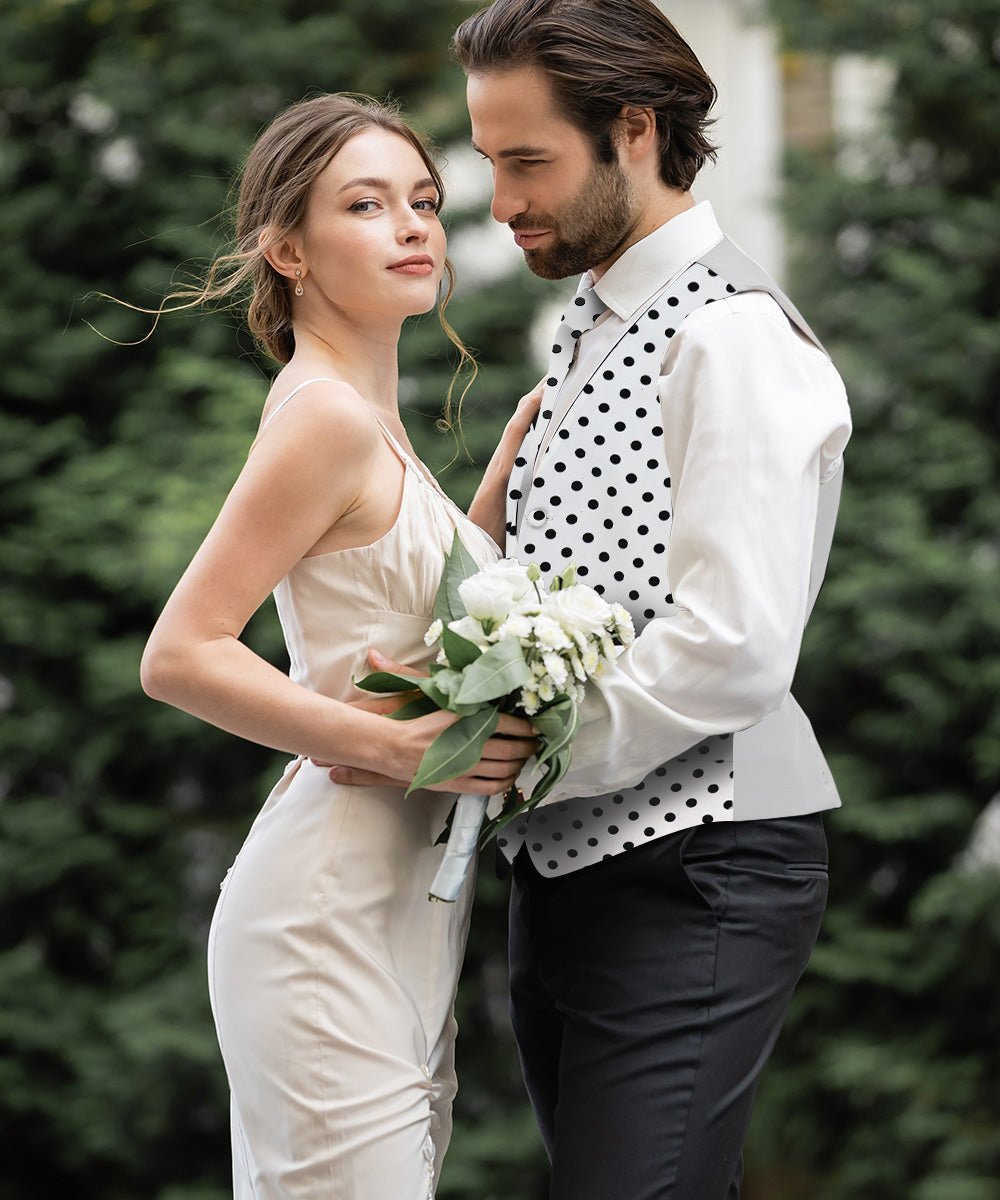 Vittorio Farina Men's White and Black Dot Polka Dot Vest, Necktie, Bow Tie and Pocket Square Set - White and Black - Vest Set - Vittorio Farina