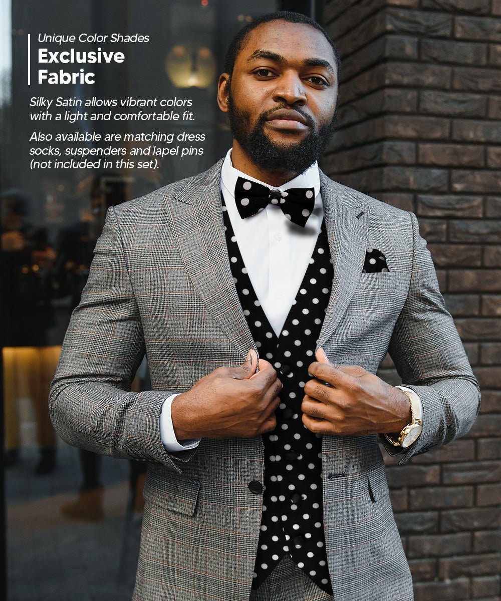 Vittorio Farina Men's White and Black Dot Polka Dot Vest, Necktie, Bow Tie and Pocket Square Set - Black and White - Vest Set - Vittorio Farina