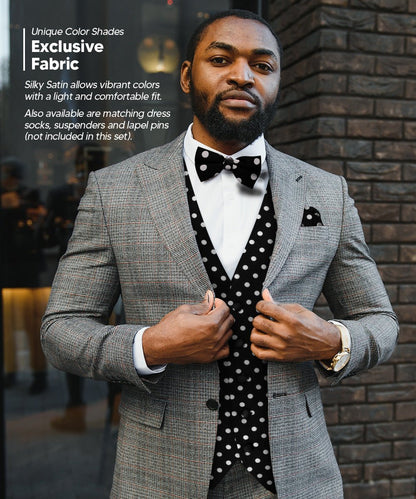 Vittorio Farina Men's White and Black Dot Polka Dot Vest, Necktie, Bow Tie and Pocket Square Set - Black and White - Vest Set - Vittorio Farina