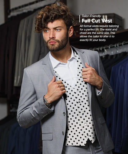 Vittorio Farina Men's White and Black Dot Polka Dot Vest, Necktie, Bow Tie and Pocket Square Set - White and Black - Vest Set - Vittorio Farina