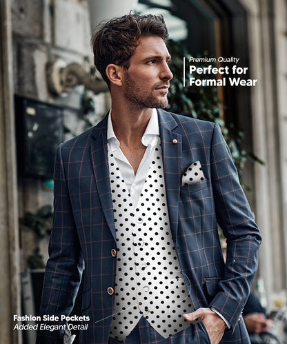 Vittorio Farina Men's White and Black Dot Polka Dot Vest, Necktie, Bow Tie and Pocket Square Set - White and Black - Vest Set - Vittorio Farina