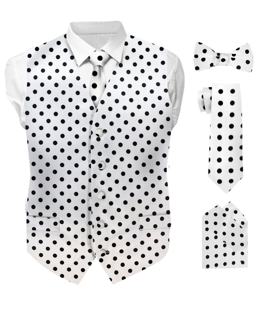 Vittorio Farina Men's White and Black Dot Polka Dot Vest, Necktie, Bow Tie and Pocket Square Set - White and Black - Vest Set - Vittorio Farina