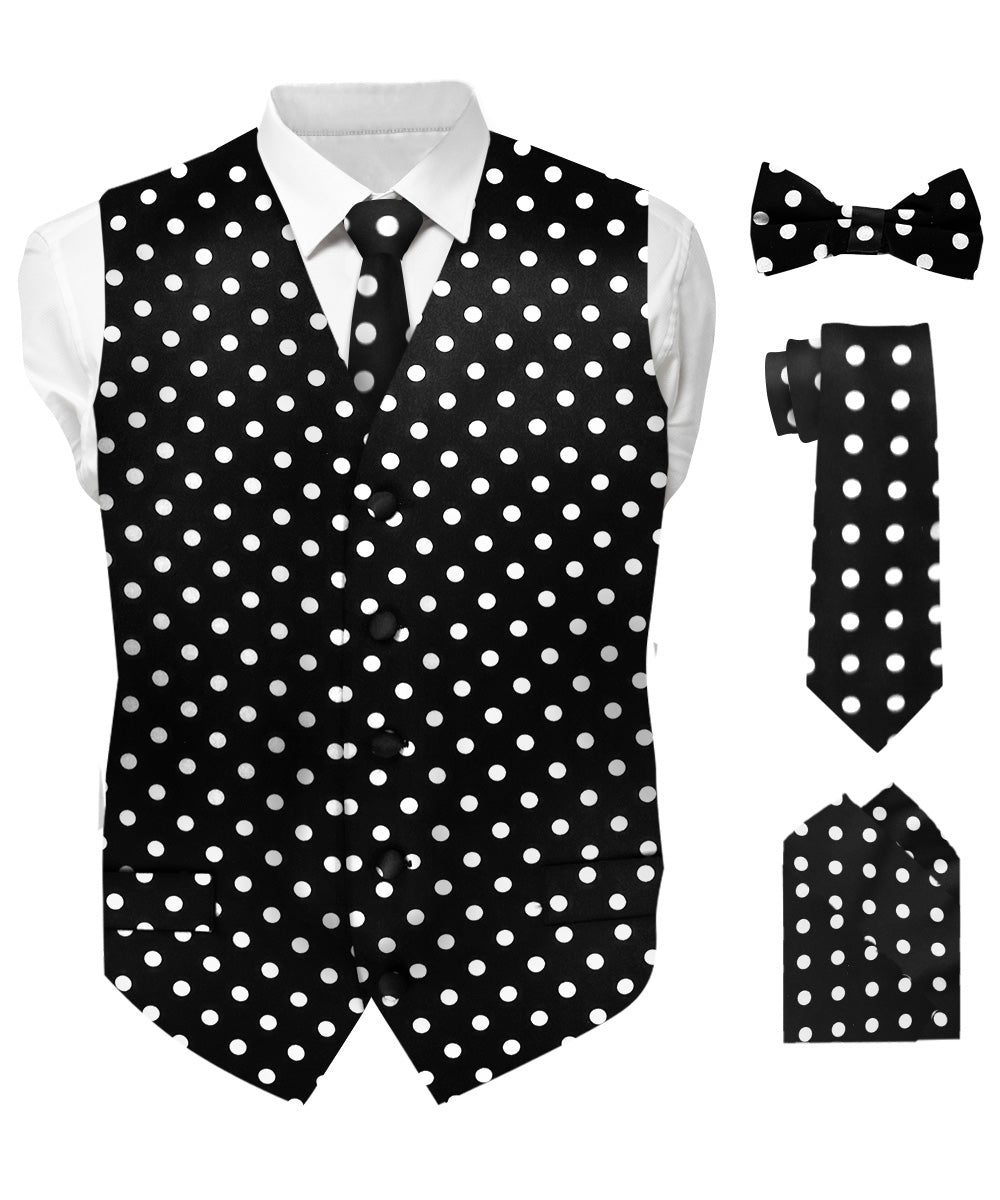 Vittorio Farina Men's White and Black Dot Polka Dot Vest, Necktie, Bow Tie and Pocket Square Set - Black and White - Vest Set - Vittorio Farina