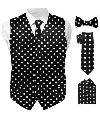 Vittorio Farina Men's White and Black Dot Polka Dot Vest, Necktie, Bow Tie and Pocket Square Set - Black and White - Vest Set - Vittorio Farina