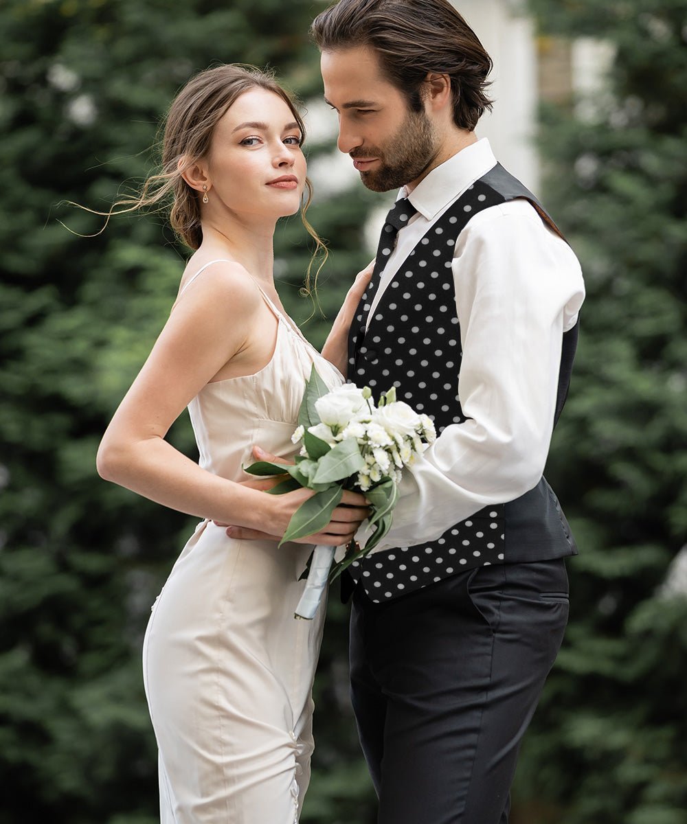 Vittorio Farina Men's White and Black Dot Polka Dot Vest, Necktie, Bow Tie and Pocket Square Set - Black and White - Vest Set - Vittorio Farina