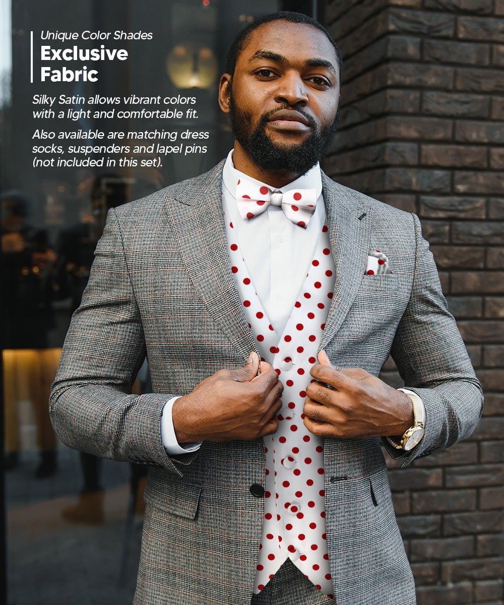 Vittorio Farina Men's White and Black Dot Polka Dot Vest, Necktie, Bow Tie and Pocket Square Set - White and Red - Vest Set - Vittorio Farina