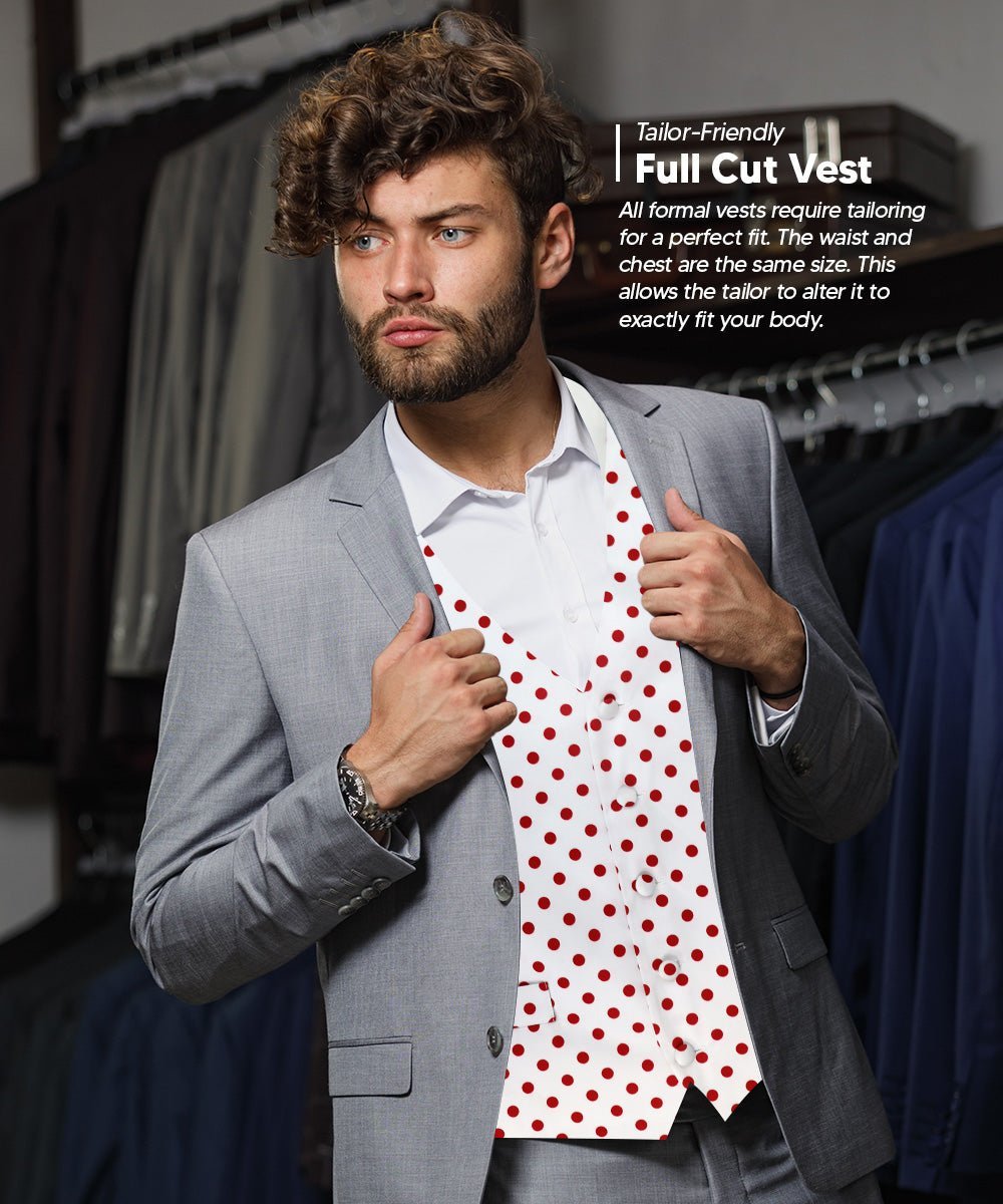 Vittorio Farina Men's White and Black Dot Polka Dot Vest, Necktie, Bow Tie and Pocket Square Set - White and Red - Vest Set - Vittorio Farina