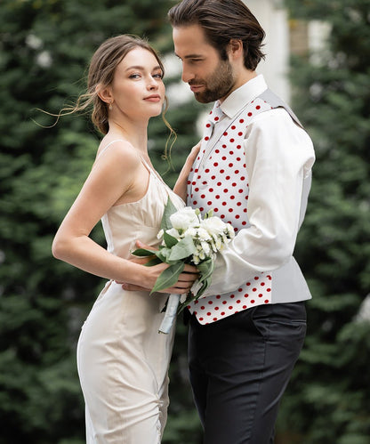 Vittorio Farina Men's White and Black Dot Polka Dot Vest, Necktie, Bow Tie and Pocket Square Set - White and Red - Vest Set - Vittorio Farina