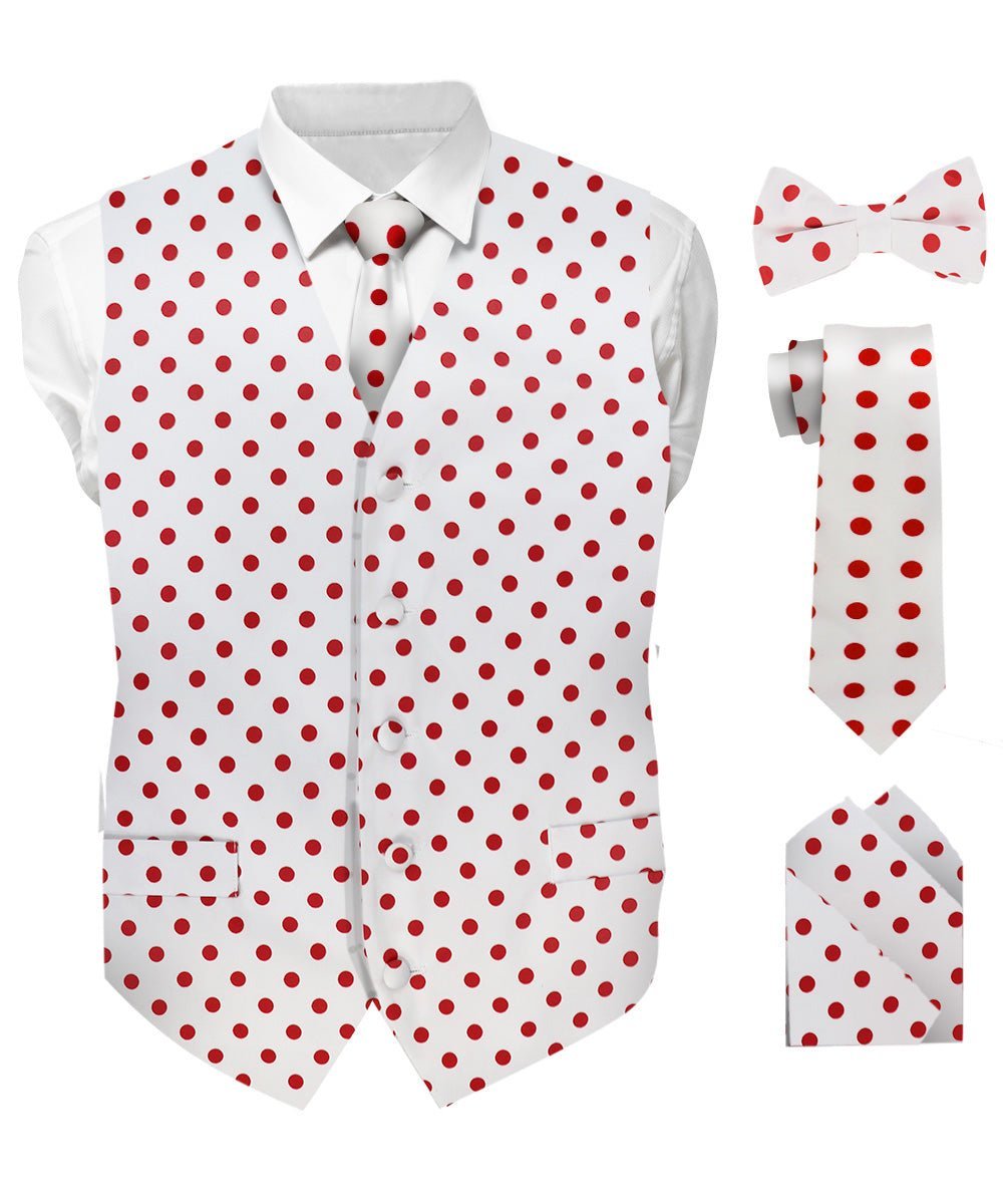 Vittorio Farina Men's White and Black Dot Polka Dot Vest, Necktie, Bow Tie and Pocket Square Set - White and Red - Vest Set - Vittorio Farina