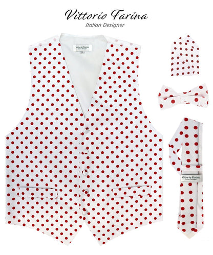 Vittorio Farina Men's White and Black Dot Polka Dot Vest, Necktie, Bow Tie and Pocket Square Set - White and Red - Vest Set - Vittorio Farina