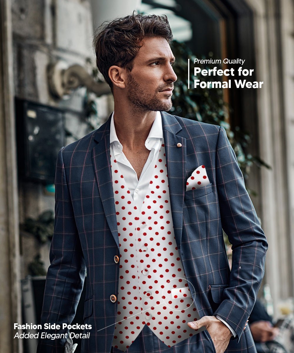 Vittorio Farina Men's White and Black Dot Polka Dot Vest, Necktie, Bow Tie and Pocket Square Set - White and Red - Vest Set - Vittorio Farina