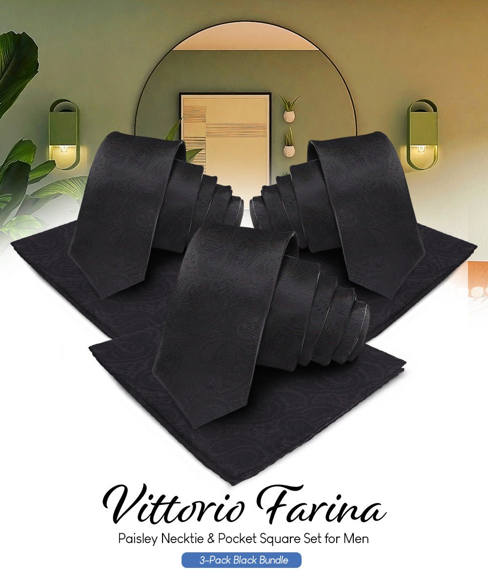 Vittorio Farina Men's Woven Paisley Necktie and Pocket Square (Multipack) - Black - Necktie & Pocket Square - Vittorio Farina