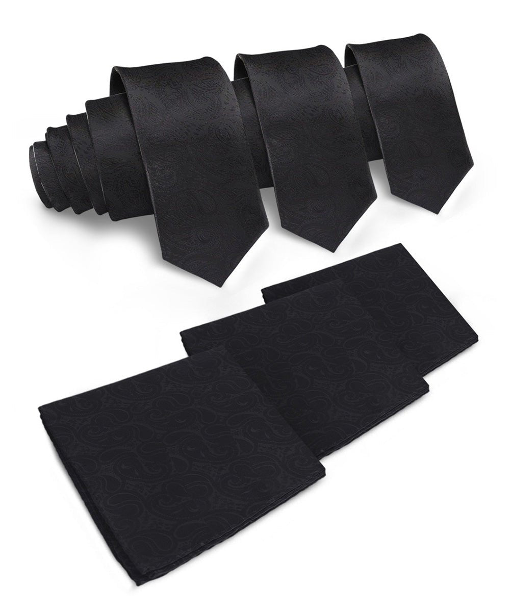 Vittorio Farina Men's Woven Paisley Necktie and Pocket Square (Multipack) - Black - Necktie & Pocket Square - Vittorio Farina