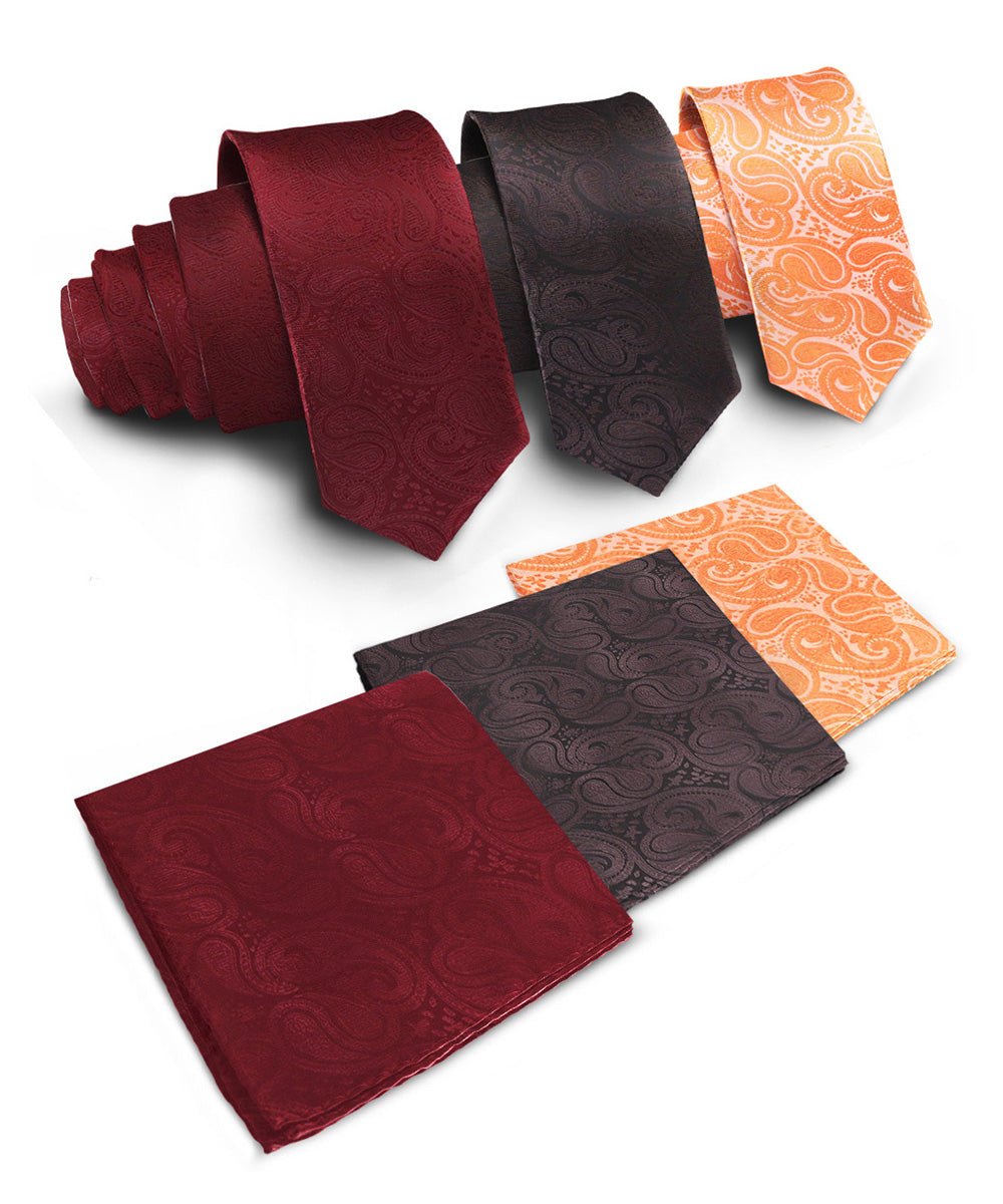 Vittorio Farina Men's Woven Paisley Necktie and Pocket Square (Multipack) - Burgundy/Brown/Burnt Orange - Necktie & Pocket Square - Vittorio Farina