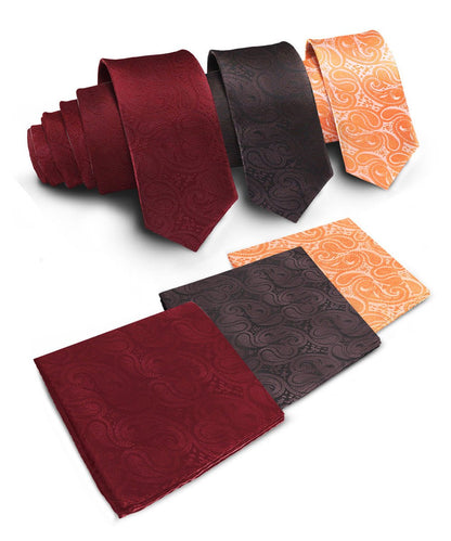 Vittorio Farina Men's Woven Paisley Necktie and Pocket Square (Multipack) - Burgundy/Brown/Burnt Orange - Necktie & Pocket Square - Vittorio Farina