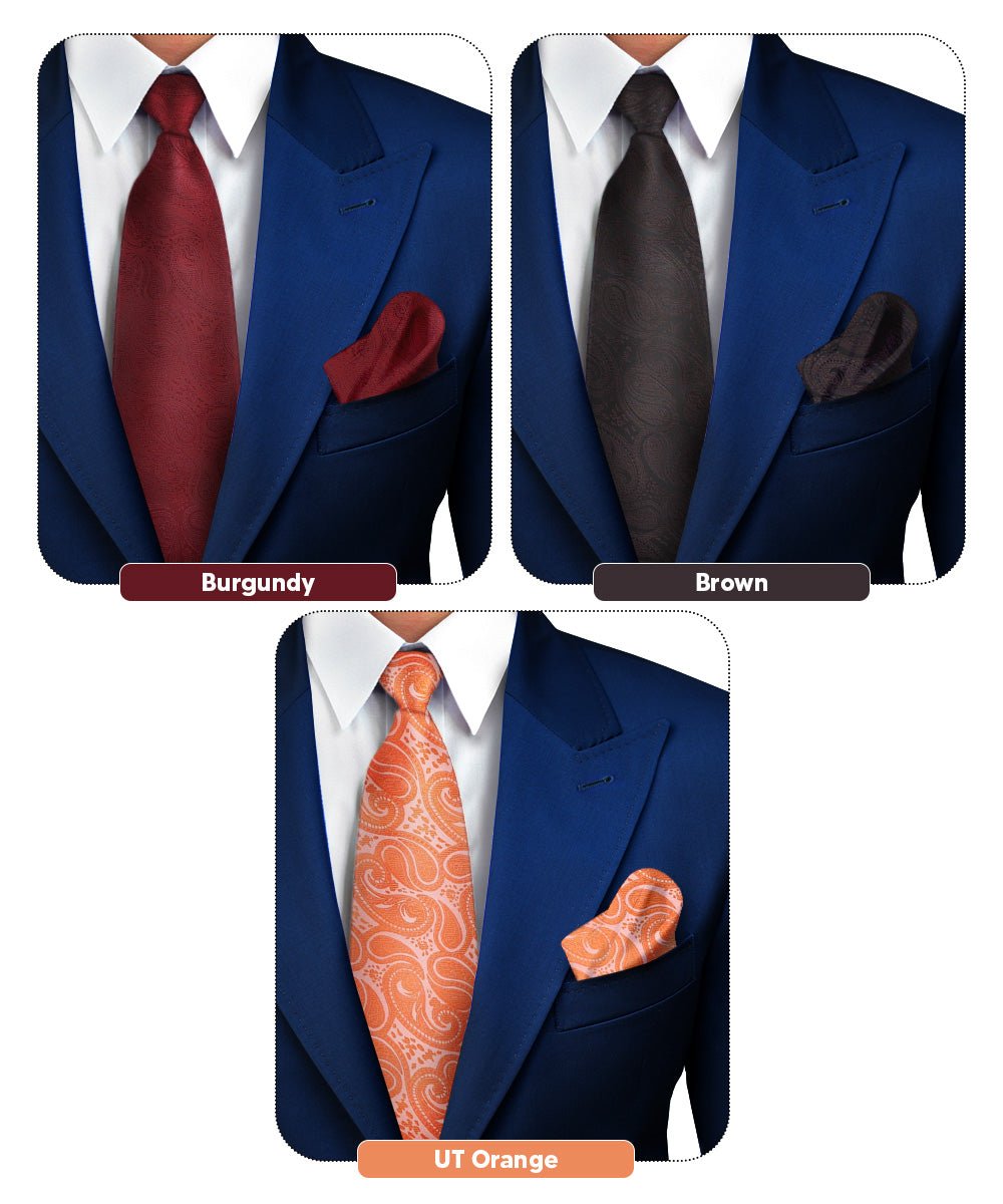 Vittorio Farina Men's Woven Paisley Necktie and Pocket Square (Multipack) - Burgundy/Brown/Burnt Orange - Necktie & Pocket Square - Vittorio Farina