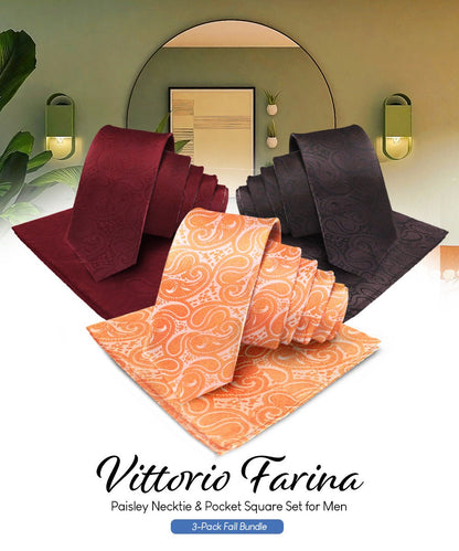 Vittorio Farina Men's Woven Paisley Necktie and Pocket Square (Multipack) - Burgundy/Brown/Burnt Orange - Necktie & Pocket Square - Vittorio Farina