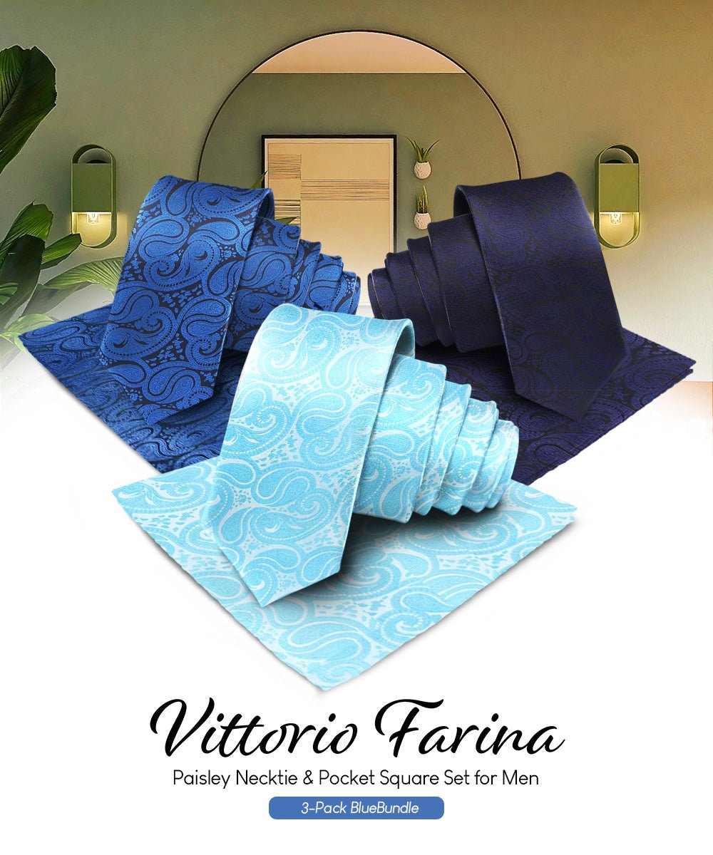 Vittorio Farina Men's Woven Paisley Necktie and Pocket Square (Multipack) - Navy Blue/Royal Blue/Turquoise - Necktie & Pocket Square - Vittorio Farina
