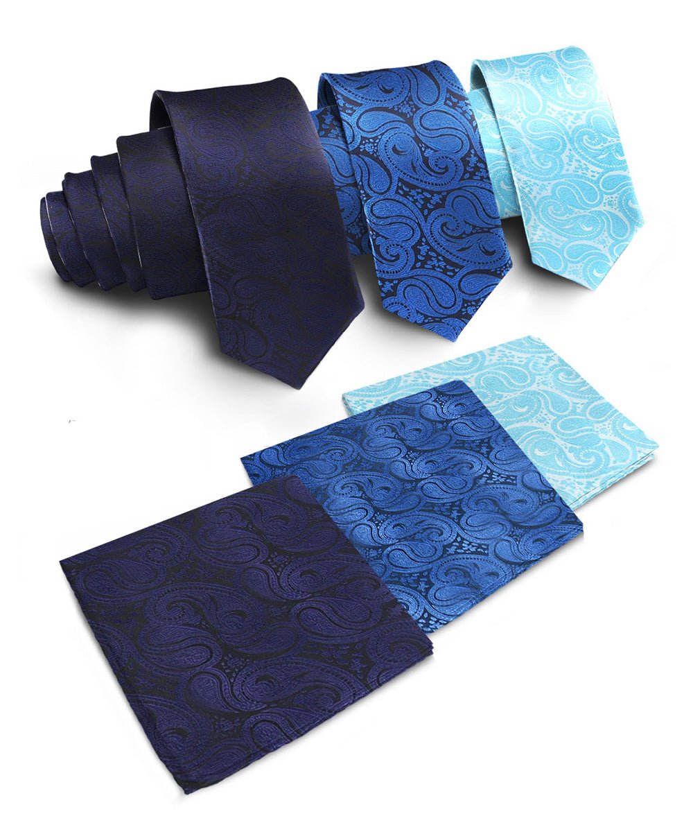 Vittorio Farina Men's Woven Paisley Necktie and Pocket Square (Multipack) - Navy Blue/Royal Blue/Turquoise - Necktie & Pocket Square - Vittorio Farina