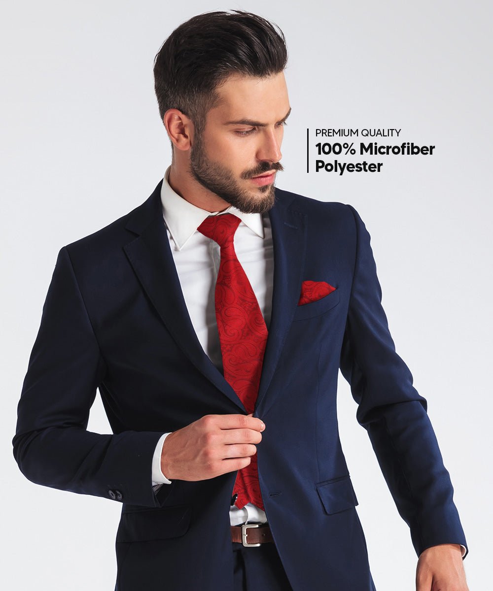 Vittorio Farina Men's Woven Paisley Necktie and Pocket Square (Multipack) - Red - Necktie & Pocket Square - Vittorio Farina