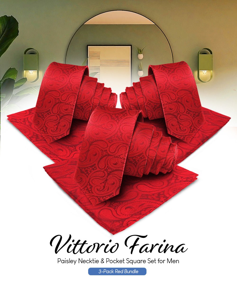 Vittorio Farina Men's Woven Paisley Necktie and Pocket Square (Multipack) - Red - Necktie & Pocket Square - Vittorio Farina