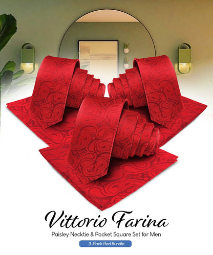 Vittorio Farina Men's Woven Paisley Necktie and Pocket Square (Multipack) - Red - Necktie & Pocket Square - Vittorio Farina