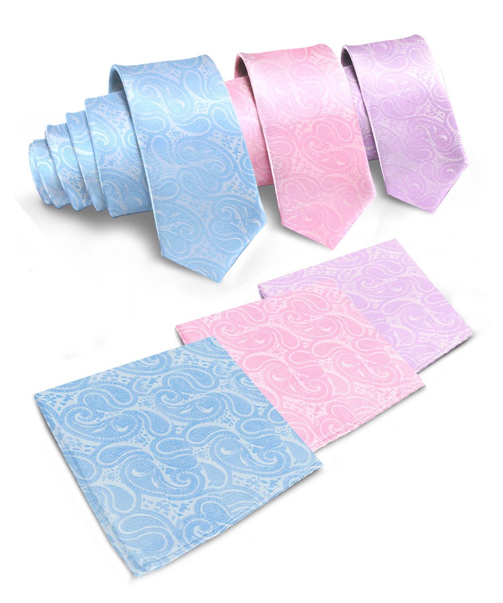 Vittorio Farina Men's Woven Paisley Necktie and Pocket Square (Multipack) - Sky Blue/Pink/Lavender - Necktie & Pocket Square - Vittorio Farina