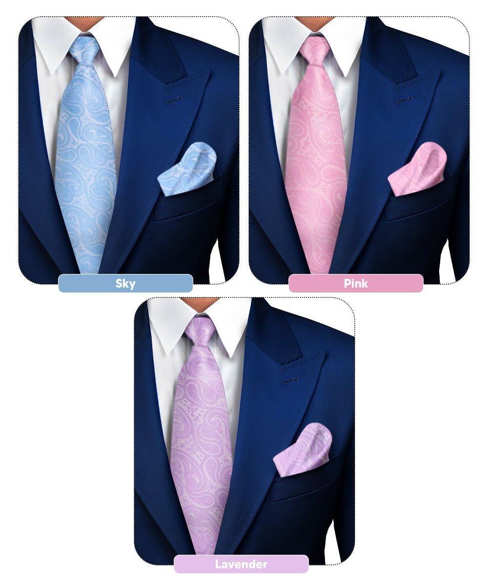 Vittorio Farina Men's Woven Paisley Necktie and Pocket Square (Multipack) - Sky Blue/Pink/Lavender - Necktie & Pocket Square - Vittorio Farina