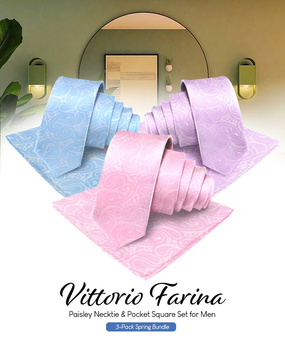 Vittorio Farina Men's Woven Paisley Necktie and Pocket Square (Multipack) - Sky Blue/Pink/Lavender - Necktie & Pocket Square - Vittorio Farina