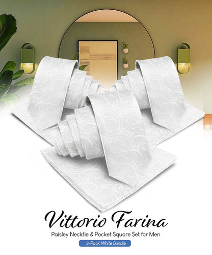 Vittorio Farina Men's Woven Paisley Necktie and Pocket Square (Multipack) - White - Necktie & Pocket Square - Vittorio Farina