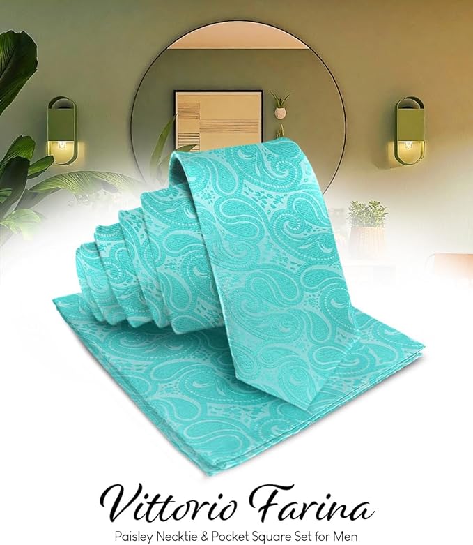 Vittorio Farina Men's Woven Paisley Necktie & Pocket Square - Aqua - Necktie & Pocket Square - Vittorio Farina