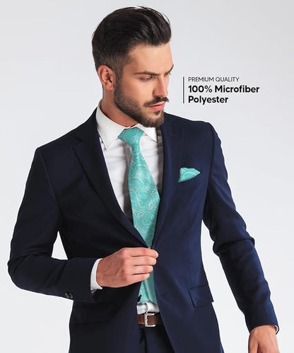 Vittorio Farina Men's Woven Paisley Necktie & Pocket Square - Aqua - Necktie & Pocket Square - Vittorio Farina