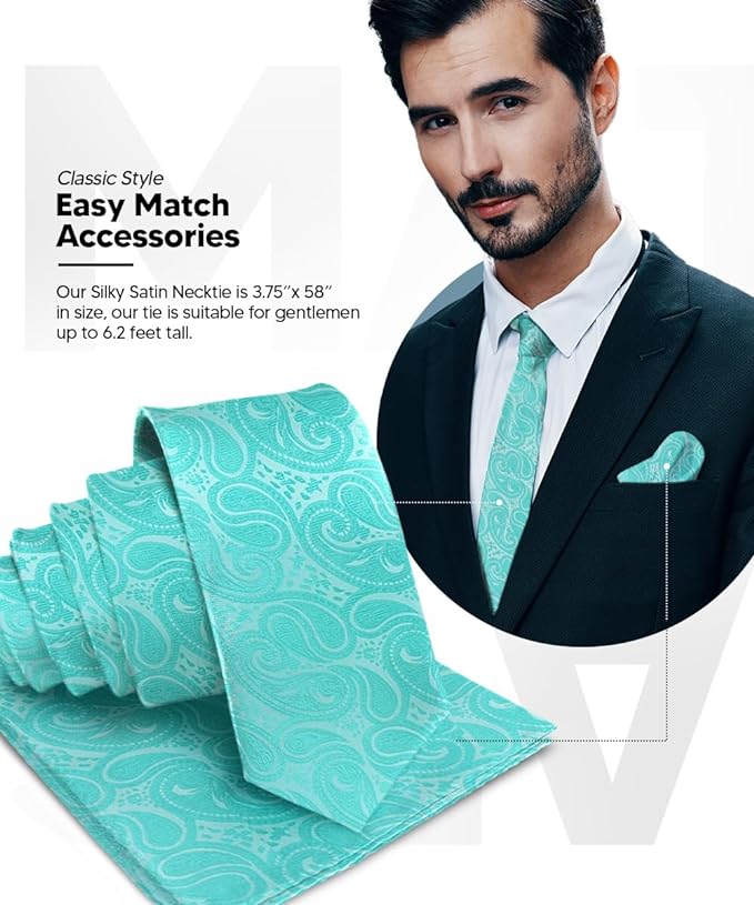 Vittorio Farina Men's Woven Paisley Necktie & Pocket Square - Aqua - Necktie & Pocket Square - Vittorio Farina