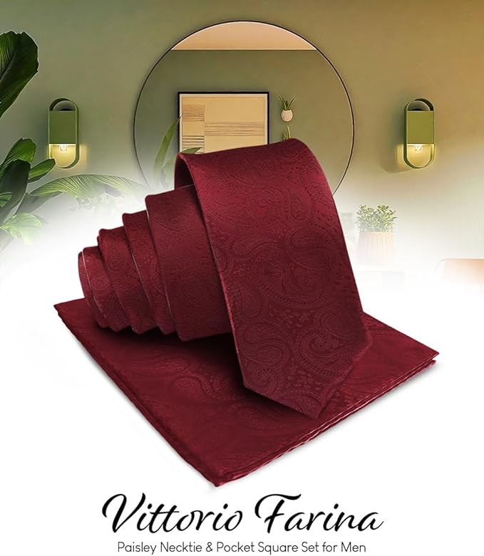 Vittorio Farina Men's Woven Paisley Necktie & Pocket Square - Burgundy - Necktie & Pocket Square - Vittorio Farina