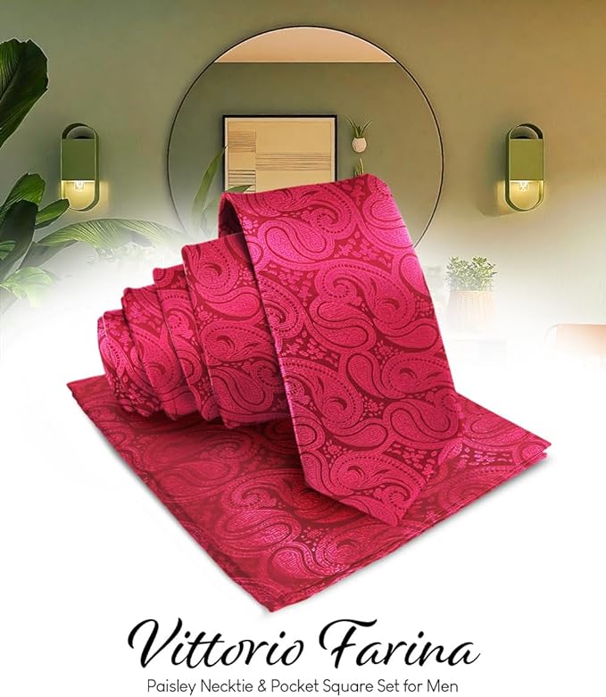 Vittorio Farina Men's Woven Paisley Necktie & Pocket Square - Hot Pink - Necktie & Pocket Square - Vittorio Farina