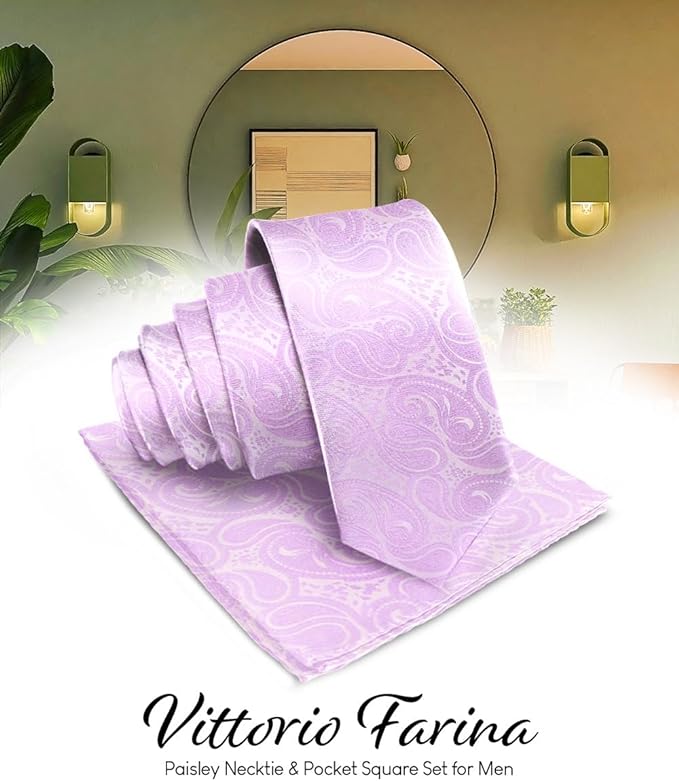 Vittorio Farina Men's Woven Paisley Necktie & Pocket Square - Lavender - Necktie & Pocket Square - Vittorio Farina