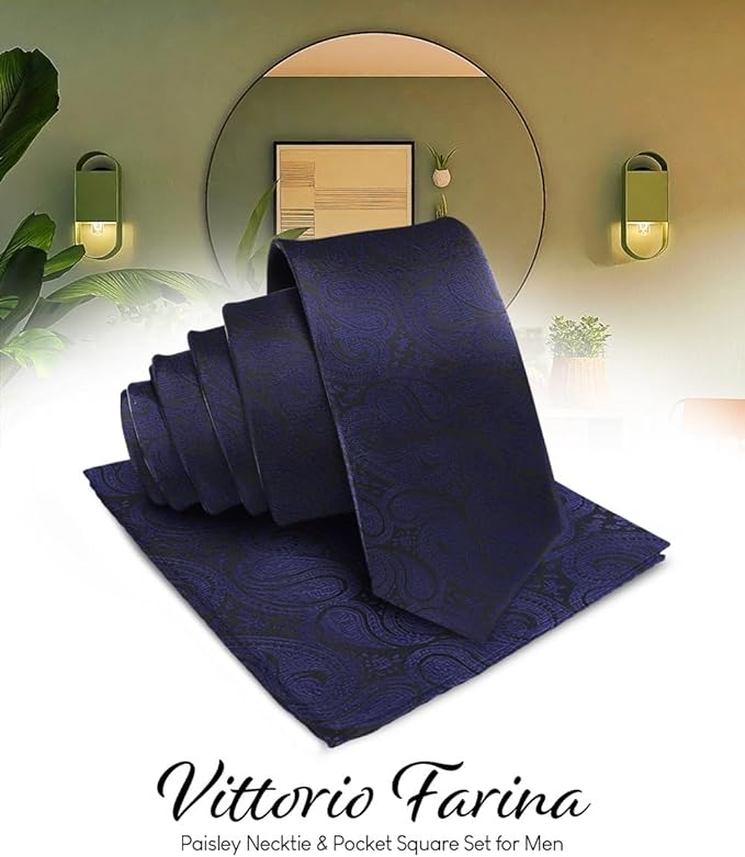 Vittorio Farina Men's Woven Paisley Necktie & Pocket Square - Navy Blue - Necktie & Pocket Square - Vittorio Farina
