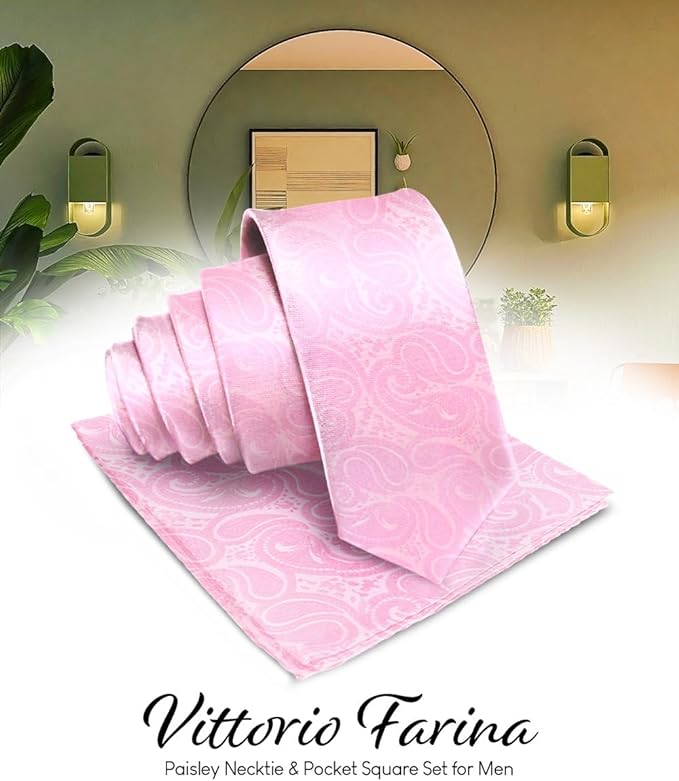 Vittorio Farina Men's Woven Paisley Necktie & Pocket Square - Pink - Necktie & Pocket Square - Vittorio Farina