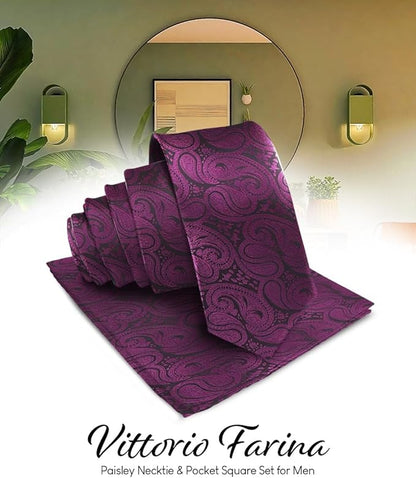 Vittorio Farina Men's Woven Paisley Necktie & Pocket Square - Plum - Necktie & Pocket Square - Vittorio Farina
