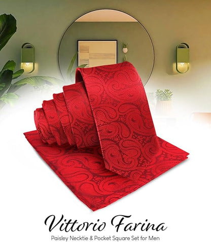 Vittorio Farina Men's Woven Paisley Necktie & Pocket Square - Red - Necktie & Pocket Square - Vittorio Farina